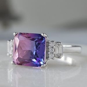 Pink & Purple Square Cut Gemstone Ring, 925 Sterling Silver Charmed Aro…